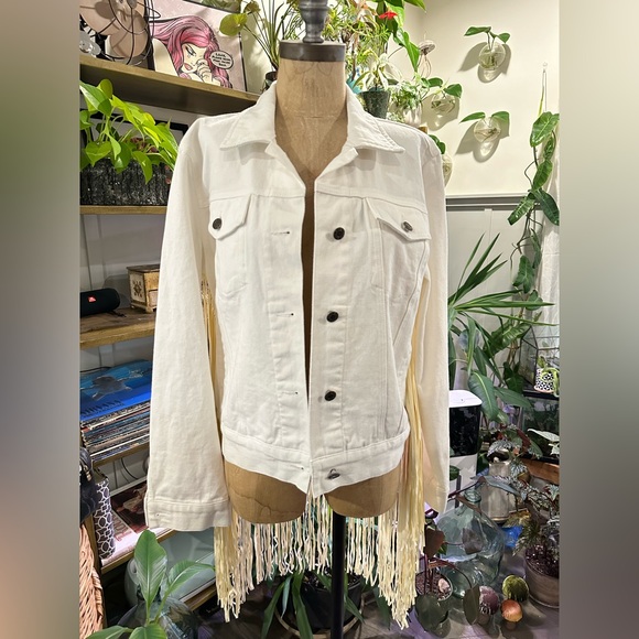 Rue de Seine Love Stoned denim jacket cream white fringe embroidered beaded BNWT - Picture 4 of 7